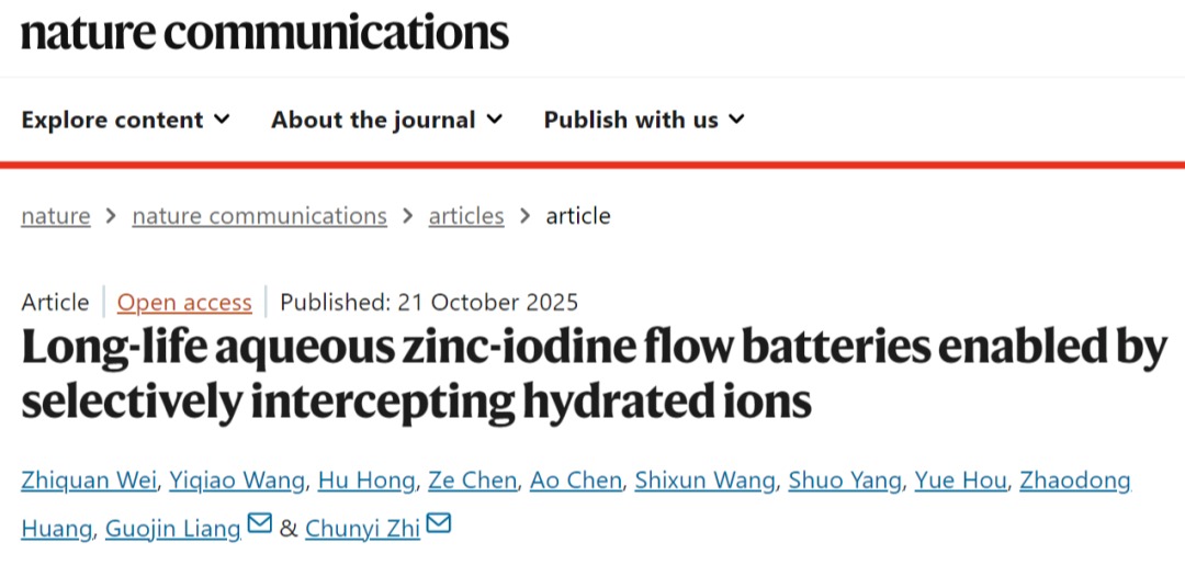 Nature Communications | 深圳理工大学教授联合团队让水系锌-碘液流电池更“长寿”